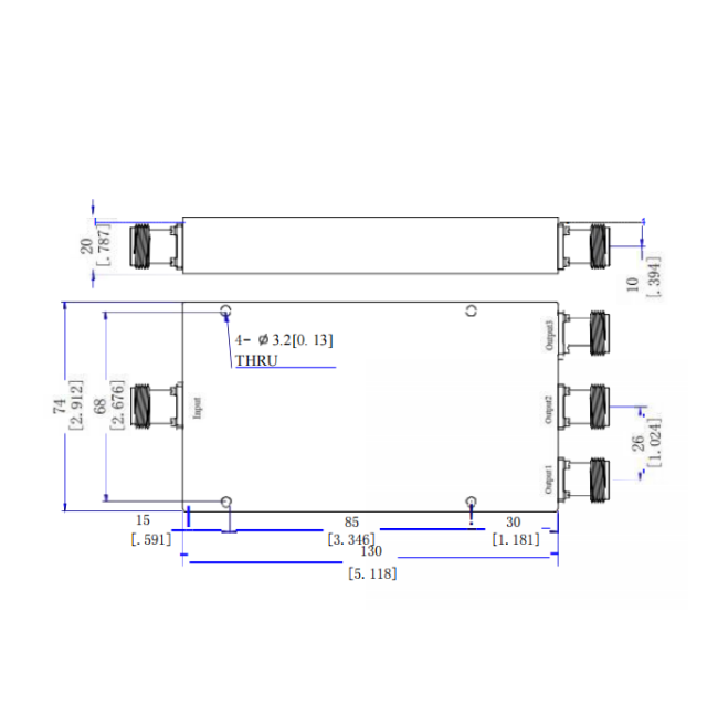 700 - 2700MHz 50W NF Divisor de potencia de 3 vías GL-727-3-NF 